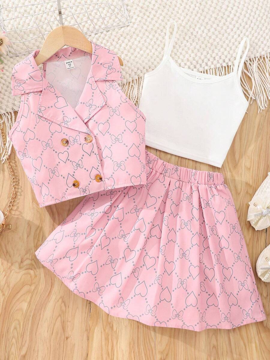 Tween Girls' Solid Color Tank Top And Heart Print Vest And Skirt Outfit - Pink - View 1