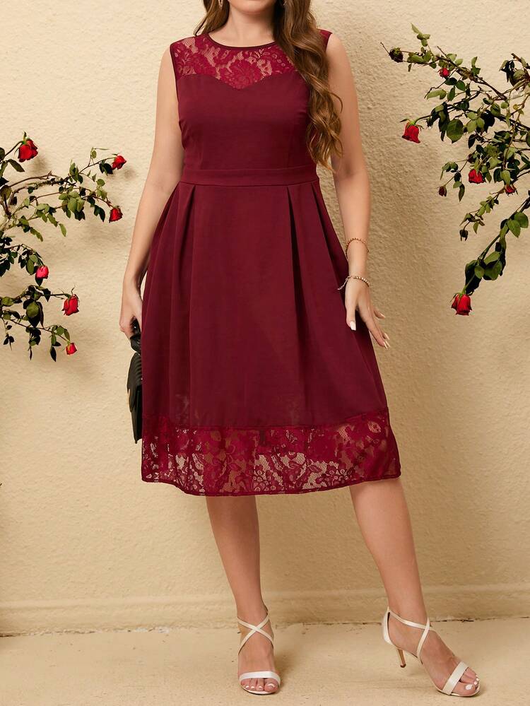 Plus Size Women'S Sleeveless Lace Patchwork Dress