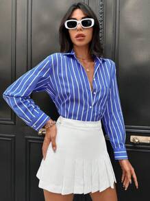 SHEIN Cottnline Striped Print Button Through Drop Shoulder Shirt - Blue - View 3