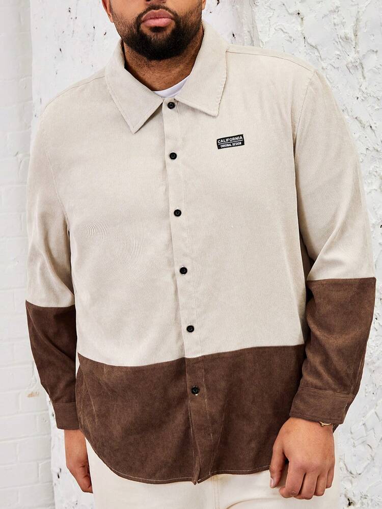 Loose Fit Men's Plus Size Letter Patch Contrast Woven Casual Long Sleeve Shirt