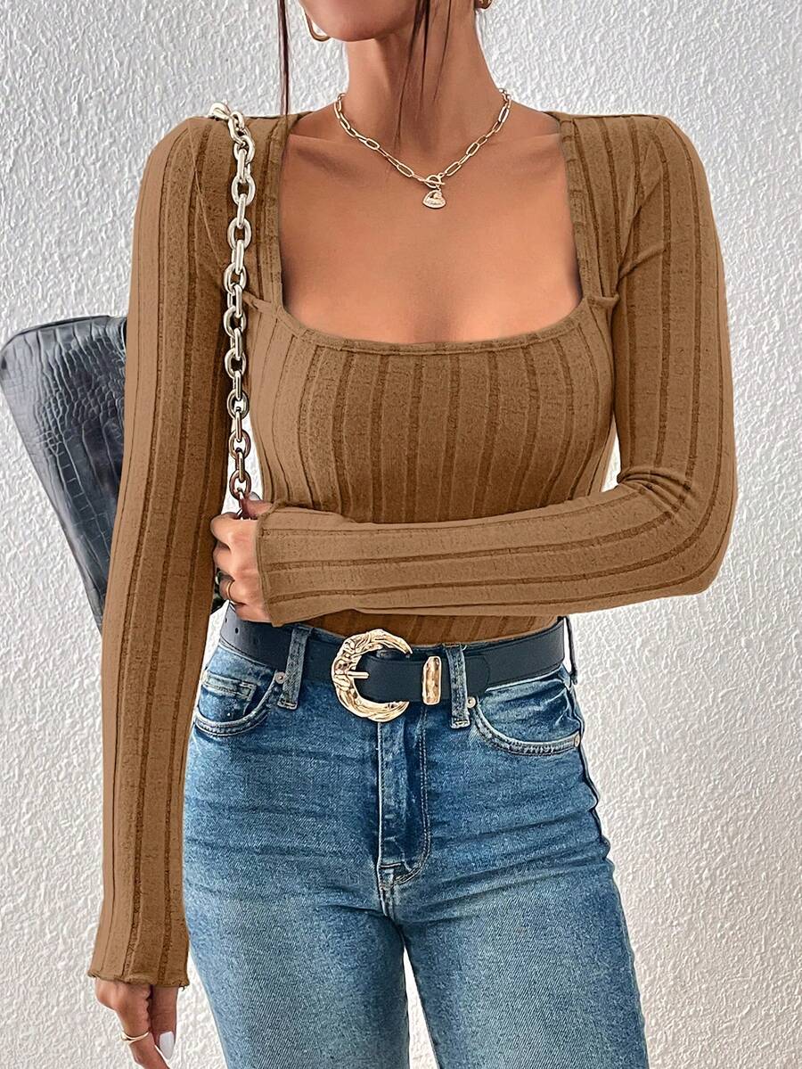 SHEIN Frenchy 方領肋紋長袖t恤 - 駝色 - 查看 1