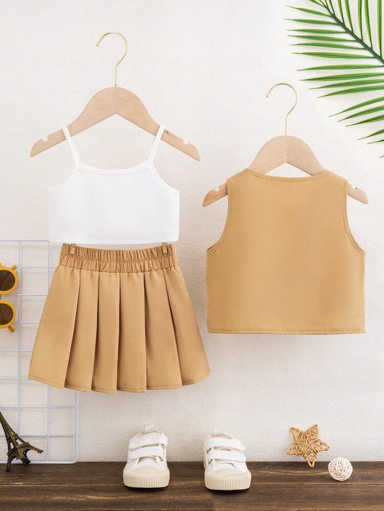 Fashionable Baby Girls' Car Print Cami Top, Zip Up Vest Jacket And Pleated Skirt Set