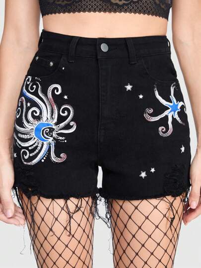 Goth Women'S Abstract Printed Frayed Hem Denim Shorts