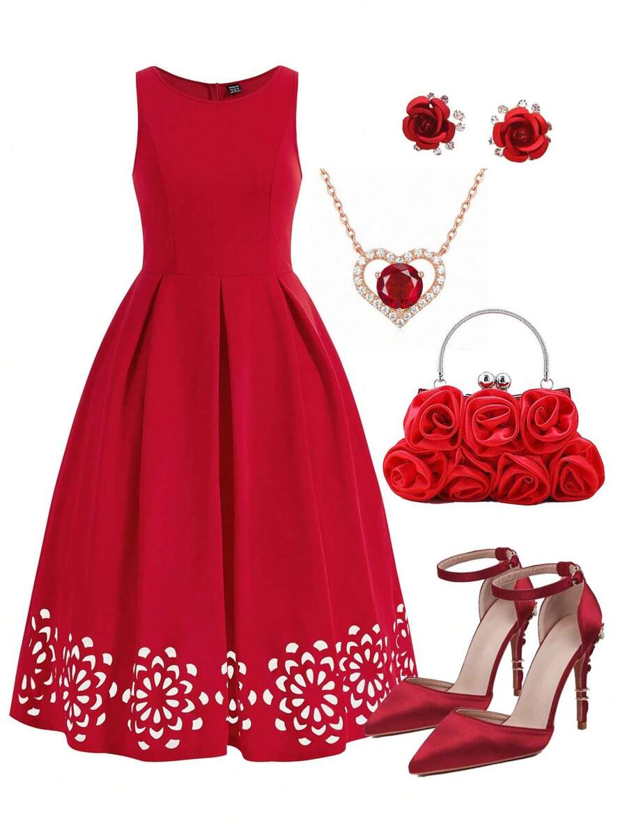 Ellevyn 女款無袖爛花印花洋裝 - 紅色 - 查看 1