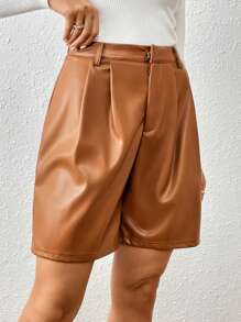 SHEIN Frenchy Women'S Pu Leather Shorts Summer Brown Casual - Brown - View 3