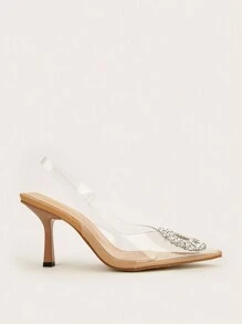 Fall/Winter Wedding/Prom/Party/Vacation/Casual Elegant & Stylish Pointed Toe Transparent Rhinestone Buckle Strap Thin High Heels,Elegant,Mules - Clear - View 2
