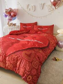 3入組情人節紅色花卉心形圖案印花床上用品套裝 - 紅色 - 查看 2
