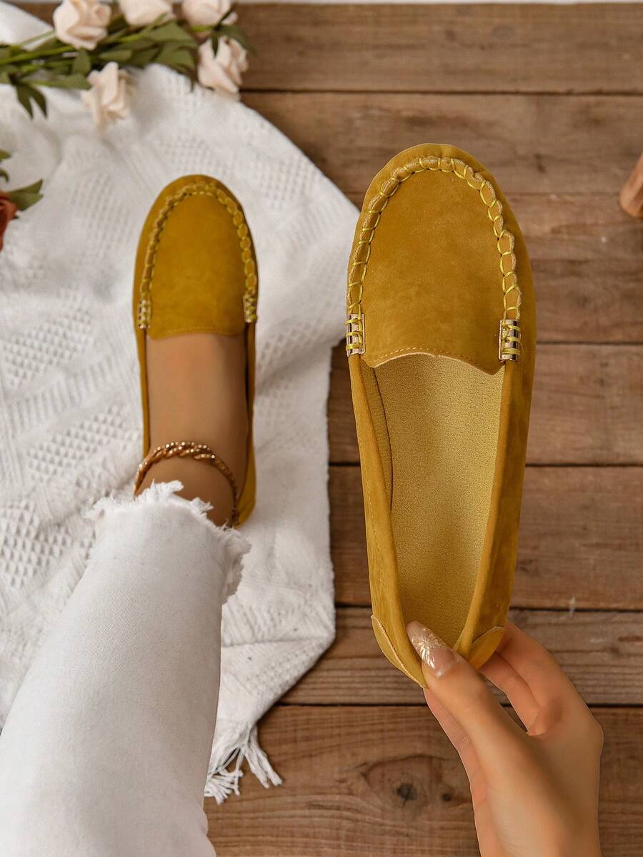 女士加大尺寸懶人休閒時尚飾釦皮鞋,春秋扁鞋 - 黃色 - 查看 1