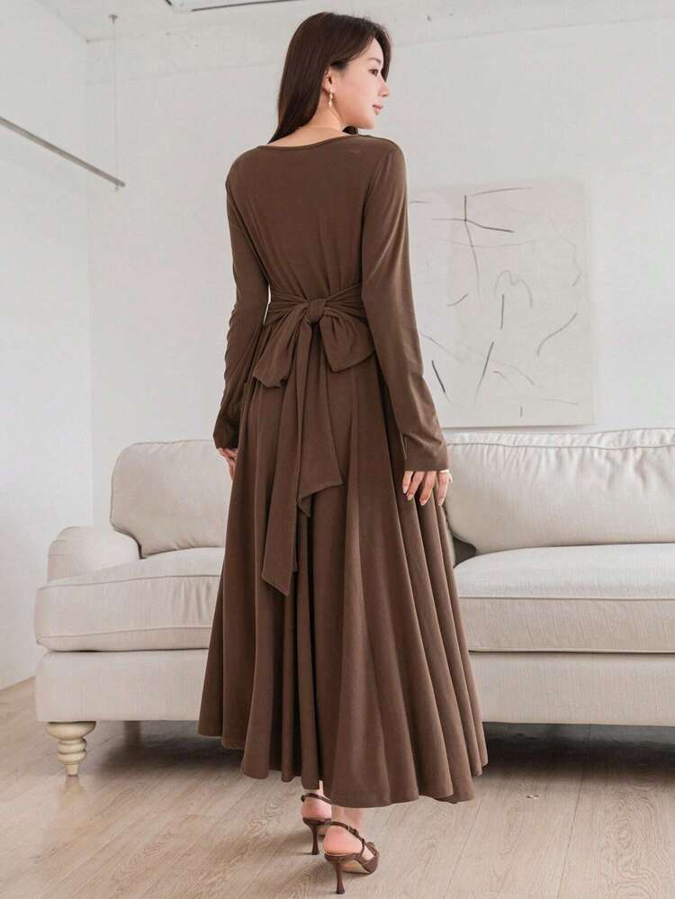 Women Back To School Solid Color Side Tie Waist Long Sleeve Dress, Casual Dress Elegant,Fall Dress