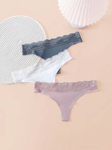 Women's Casual Comfy Knitted Fabric Plain Thong Panties With Contrast Lace Detail Multi-Color Pack - Multicolor - View 4
