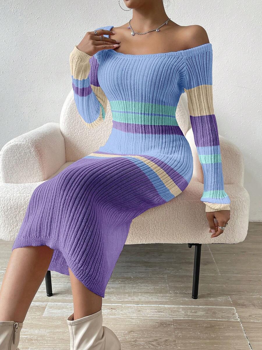 SHEIN Essnce 露肩長袖彩色區塊毛衣裙 - 淺藍色 - 查看 1
