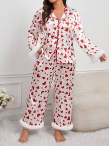 情人節愛心印花法蘭絨家居套裝（大尺碼） - 紅色 - 查看 2