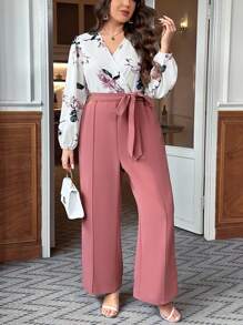 SHEIN Clasi Kích thước lớn In hoa Bọc Đường viền cổ áo Thắt lưng Áo liền quần Với Tay áo đèn lồng - Hồng - Xem 1
