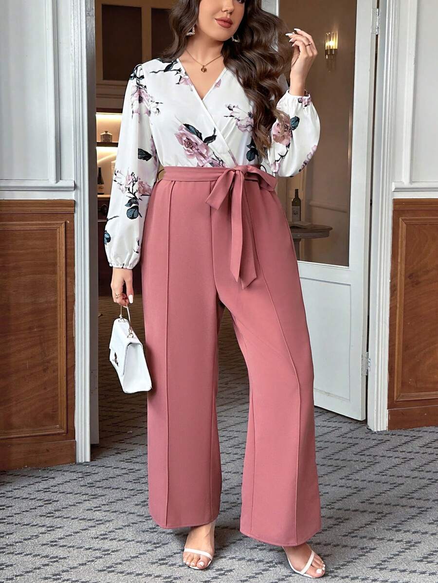 SHEIN Clasi Kích thước lớn In hoa Bọc Đường viền cổ áo Thắt lưng Áo liền quần Với Tay áo đèn lồng - Hồng - Xem 1