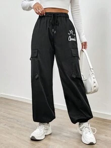 SHEIN Unity 星號字母印花束口腰休閒運動長褲,帶彈性束口 - 黑色 - 查看 6