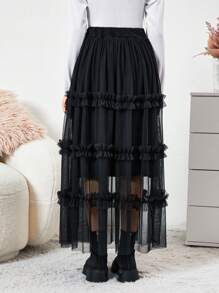 RueChic Teen Girls' Mesh Skirt With Frill Decoration - Black - View 2