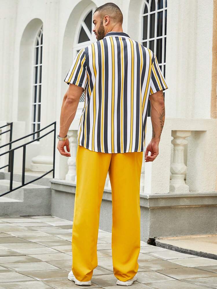 Men'S Plus Size Striped Short Sleeve Shirt And Pants Set