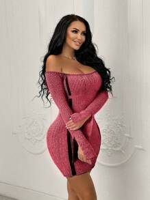 Zolique 女士離肩分裂袖修身毛衣連身裙 - 紅色 - 查看 3