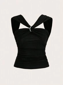 SHEIN Privé 女士純色綁頸上衣 - 黑色 - 查看 3