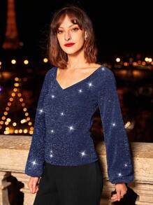 SHEIN Frenchy Tay áo lồng đèn Long lanh Áo thun - Màu xanh hải quân - Xem 5