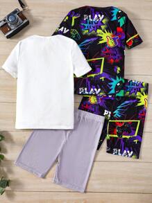 Ensembel Pyjama Pour Garçon De Transition Imprimé Console De Jeux Pour T-shirt À Manches Courtes Et Shorts, Coupe Ajustée Confortable, 2 Pièces/ensemble