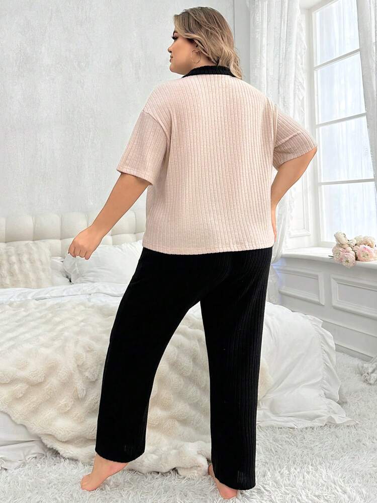 Women's Plus Size Casual Contrast Color Turn-Down Collar Short Sleeve Pajamas Set