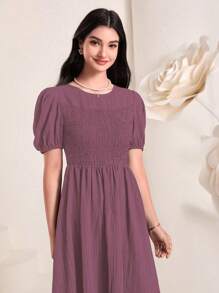 Mulvari Solid Puff Sleeve A-Line Dress Casual Women Dresses - Maroon - View 7