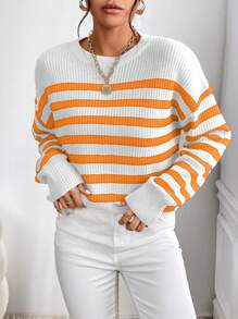 SHEIN Essnce 條紋圖案落肩袖套頭毛衣 - 白色 - 查看 3