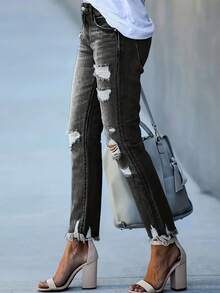Street Style Distressed Washed Pants - Black - View 4