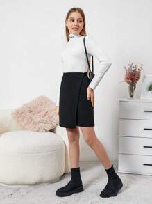 RueChic Teenage Girls' Denim Shorts With Button Wrap Design - Black - View 4