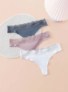 Women's Casual Comfy Knitted Fabric Plain Thong Panties With Contrast Lace Detail Multi-Color Pack - Multicolor - View 5