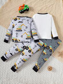 Conjunto De Dos Piezas De Manga Larga Y Pantalón Estampado Con Dibujo Animado Para Niños, Ajustado Para Uso En Casa