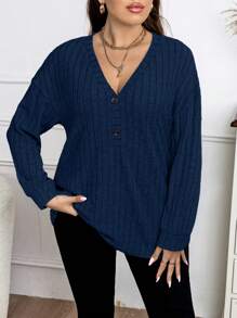 Elenzga Camiseta De Punto Acanalado De Color Sólido De Talla Grande - Azul Marino - Ver 4