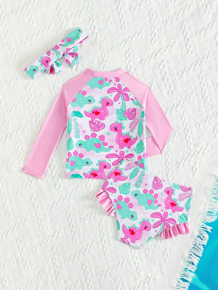SHEIN Baby Girl Random Printed Rash Guard LongSleeve Top And Ruffle
