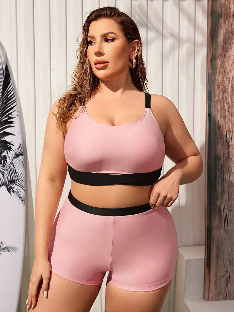 Plus Size Summer Beach Colorblock Vest Style Tankini Swimwear