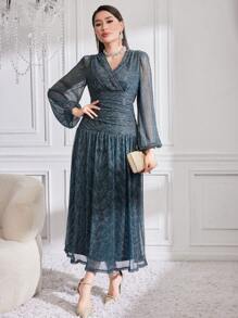 Modelyn Wrap Lantern Long Sleeve Dress Long Evening Dresses - Blue - View 3