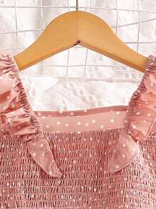 SHEIN Cô gái Tween In vết tròn Polka Ruffled Off-shoulder Áo Và Bộ quần short - Bụi hồng - Xem 5