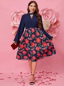 SHEIN Clasi Women's Plus Size Floral Printed Patchwork Knee-Length Dress