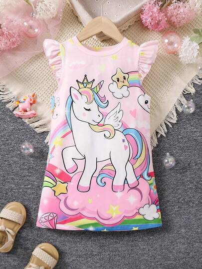 SHEIN Young Girl Cartoon Unicorn Printed Cap Sleeve Dress,Holiday,Summer,Travel