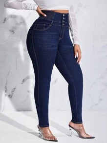 SHEIN Lady Women's Plus Size Slim Fit Jeans With Button And Whisker Design