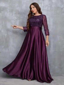 Plus Size Sequin Patchwork Satin Maxi Long Dress With Flared Hem Elegant Formal Prom Wedding Guest Gown, For Graduation, Dinner - 紫色 - 查看 5
