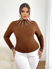 SHEIN Privé 大尺碼女士鑽石細節修身t恤 - 鏽棕色 - 查看 6