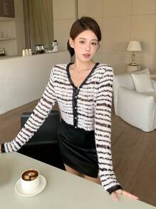 DAZY Women's Striped Fluffy Cardigan