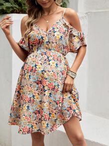 SHEIN 孕妇花卉印花露肩连衣裙 - 彩色 - 查看 1