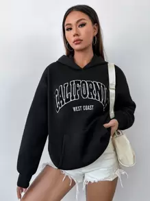 SHEIN Unity Áo nỉ tay dài có mũ, kiểu dáng vai rớt, thêu chữ cái tiếng Anh, thích hợp mặc mùa thu. - màu đen - Xem 5