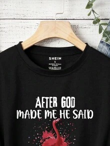 SHEIN LUNE 女士火烈鳥印花短袖t卹,印有口號 - 黑色 - 查看 4