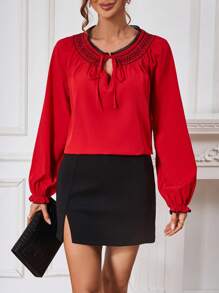 SHEIN Clasi 綁頸長袖襯衫 - 紅色 - 查看 4