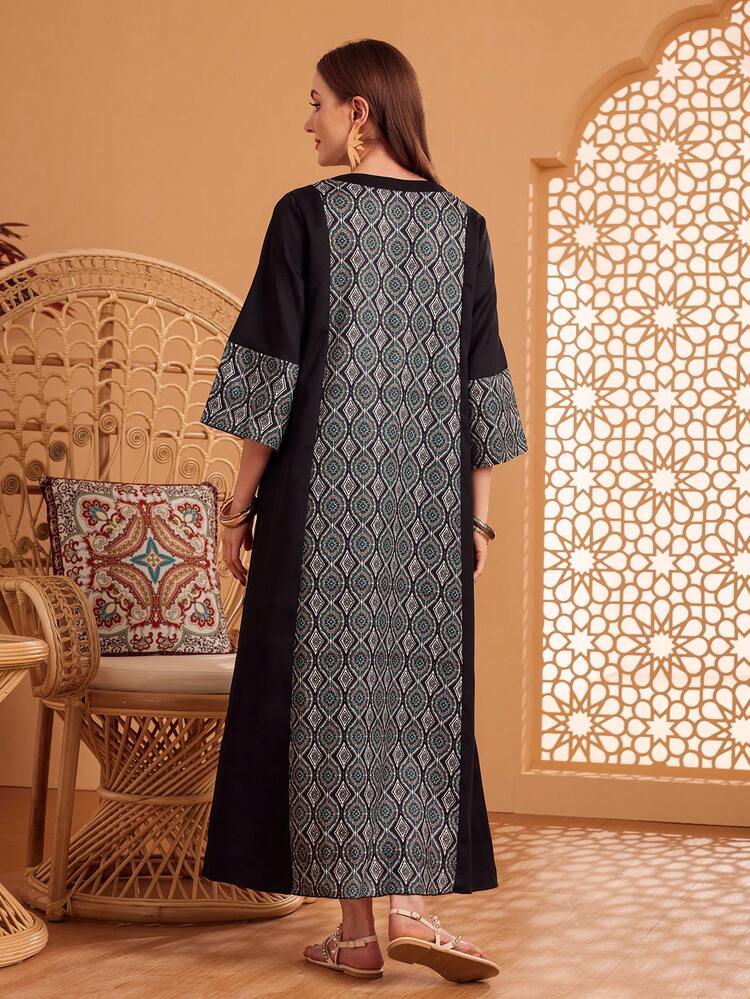 Ladies' Printed Patchwork Dress Kaftan Jalabiya Dress