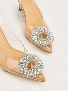 Fall/Winter Wedding/Prom/Party/Vacation/Casual Elegant & Stylish Pointed Toe Transparent Rhinestone Buckle Strap Thin High Heels,Elegant,Mules - Clear - View 5