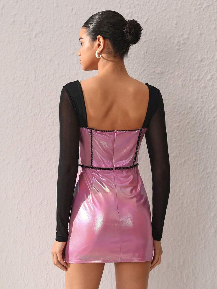 Designer Color-Block Mesh Splice Beaded Decoration Elegant Dress, Fall New Year Eve Outfit, For Autumn, Holiday, Party, Birthday Outfits, Festival